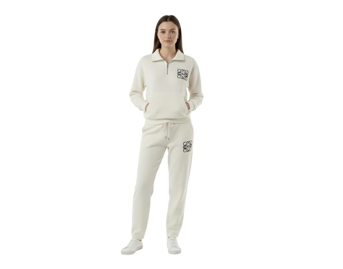 Women's Ribbed Knit Tracksuit Set, Half Zip Sweatshirt with Joggers, Off White Loungewear Co-ord Set with Embroidered Logo