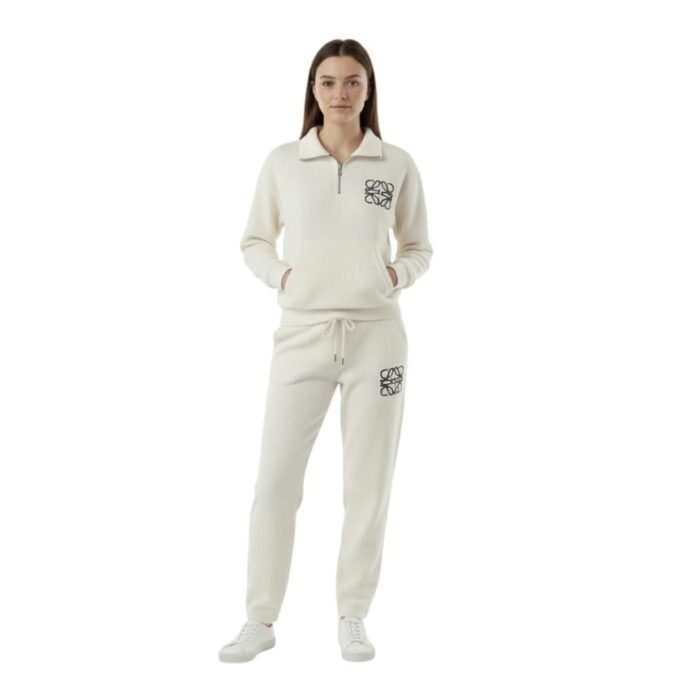 Women's Ribbed Knit Tracksuit Set, Half Zip Sweatshirt with Joggers, Off White Loungewear Co-ord Set with Embroidered Logo