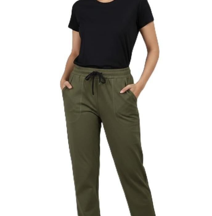 Women's Track Pants, Olive Green, Relaxed Fit, Cotton Blend, Drawstring Waist with Side Pockets, Casual Sportswear