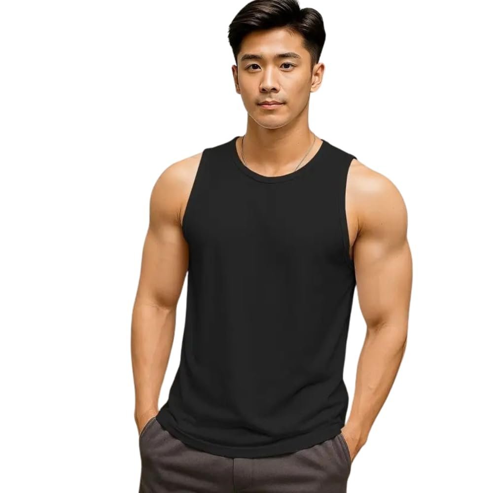 Men Sleeveless Tank Top Athletic Gym Vest Round Neck Inner Fit Cotton Blend Workout Under Wear for Training Fitness Sports Casual Use Black