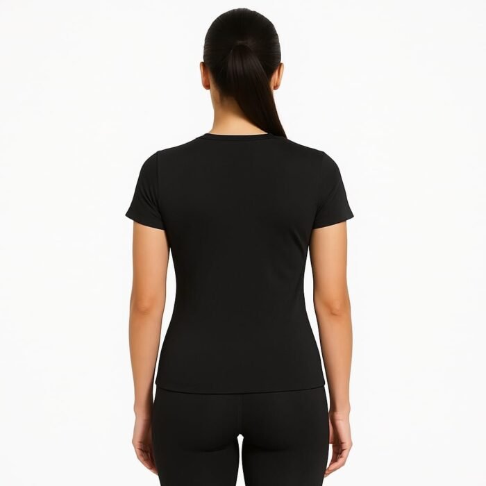 Athletic Black Crew Neck T-Shirt, Stretchable Dry-Fit Performance Fabric, Short Sleeve, Women's Workout Top for Gym, Yoga, Running (in, Alpha, Standard, Black)