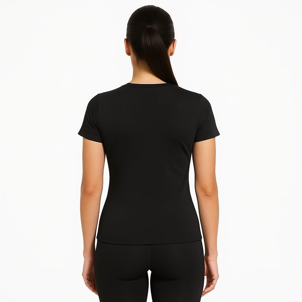 Athletic Black Crew Neck T-Shirt, Stretchable Dry-Fit Performance Fabric, Short Sleeve, Women's Workout Top for Gym, Yoga, Running (in, Alpha, Standard, Black)