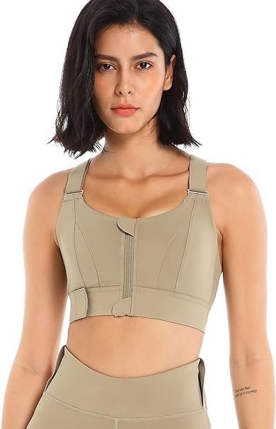 Velcro Sports Bra, Zipper in Front, Criss Cross Back Yoga Bra with Adjustable Straps High Impact Shockproof Brassiere (in, Alpha, Green)