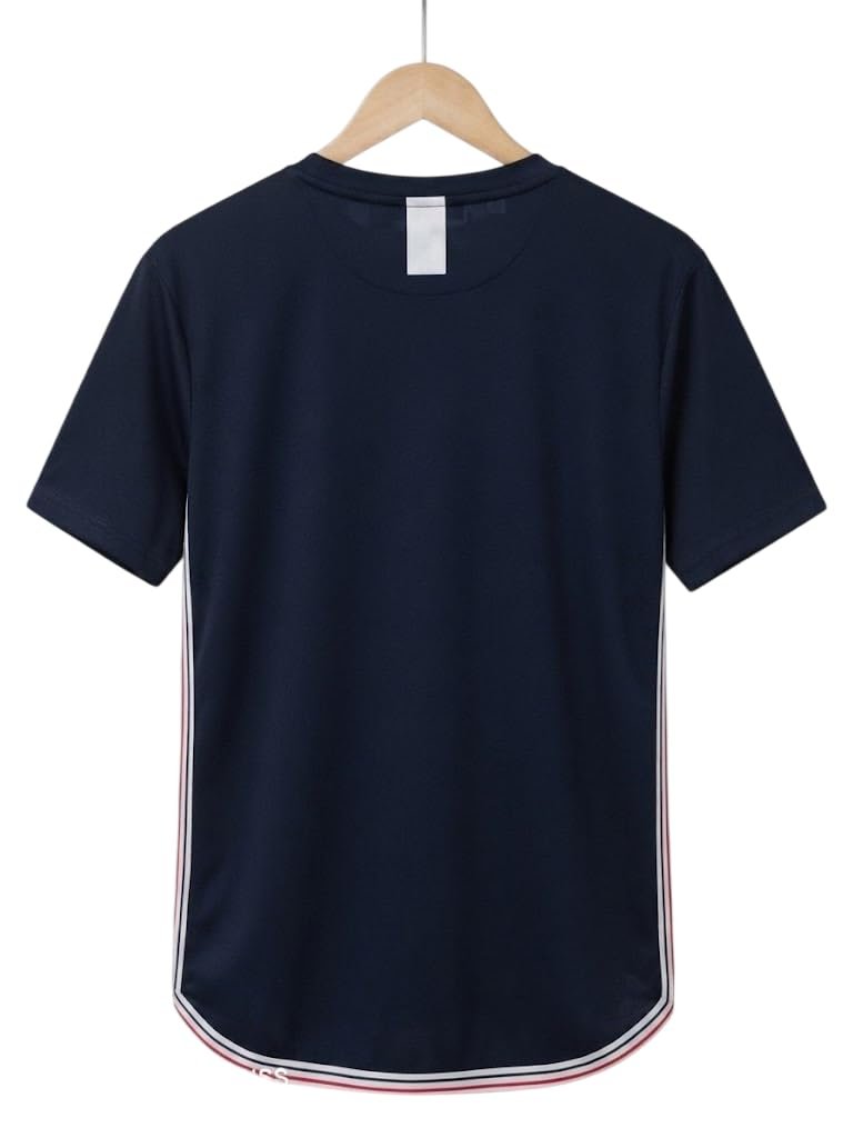 Men's Navy Blue and Black Longline T-Shirt with Side Stripe Detail