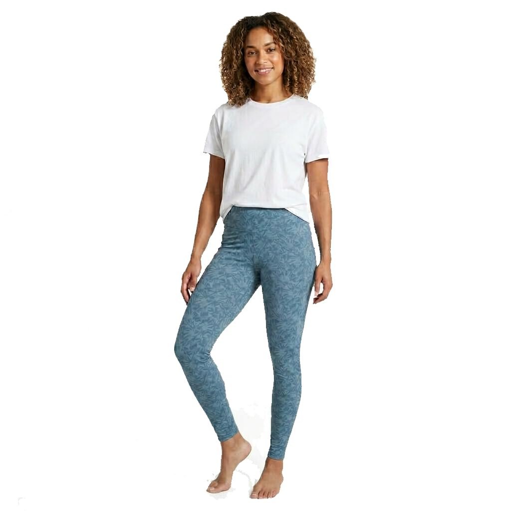 Women's High Rise Fitness Leggings, Blue Printed Pattern, Cotton Blend, Stretch Knit, Yoga, Gym and Activewear