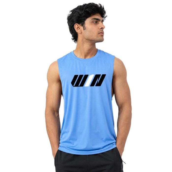 Men's Sleeveless Gym Vest with Win Graphic Print, Blue