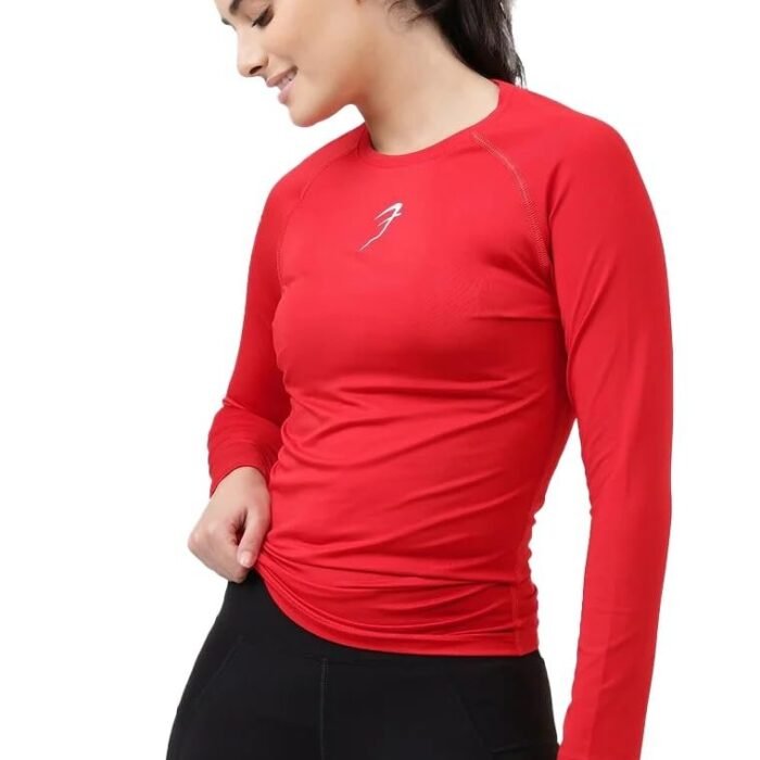Womens Compression Top Full Sleeve T-Shirt for Gym Sports Yoga Swimming Running Short Sleeve Red