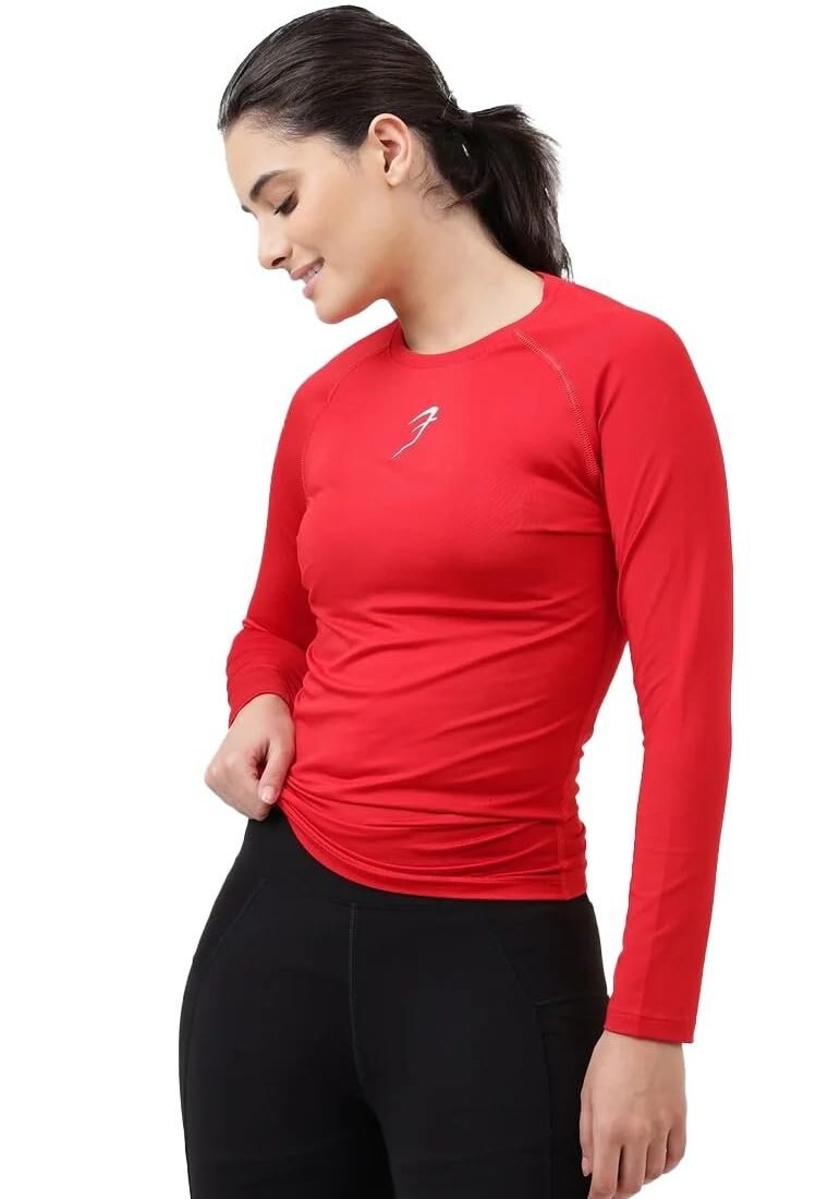 Womens Compression Top Full Sleeve T-Shirt for Gym Sports Yoga Swimming Running Short Sleeve Red