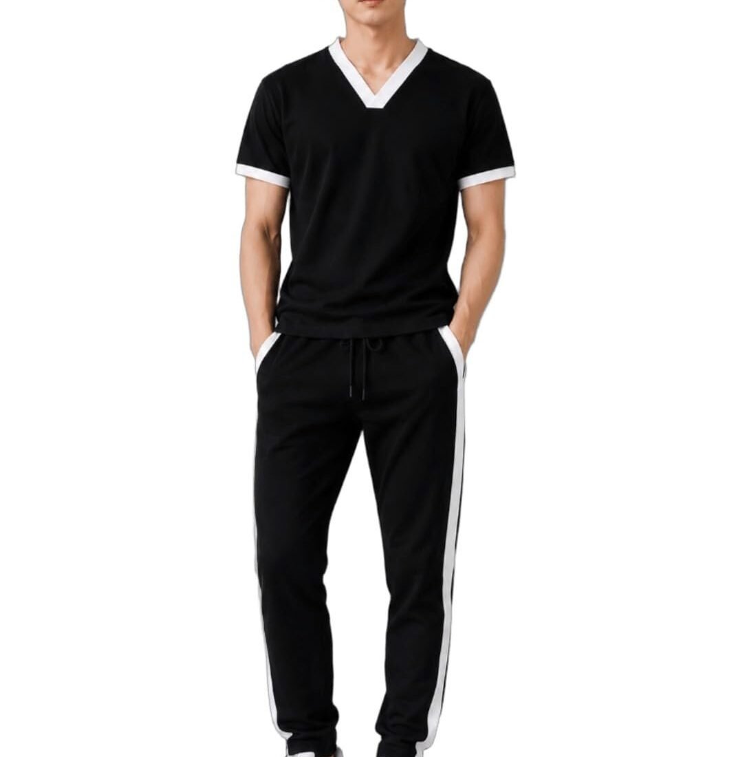 Men's Sports Tracksuit Polo Collar Half Sleeve T-Shirt with Track Pants