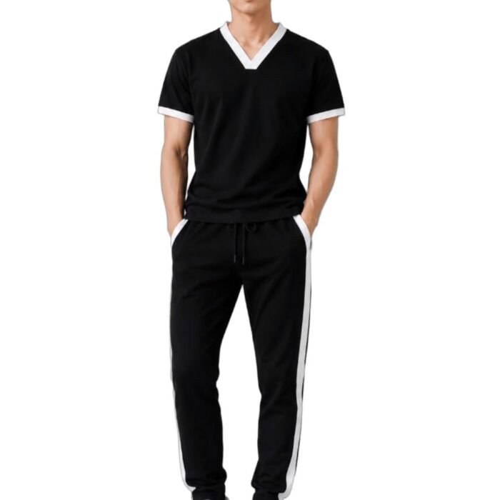 Men's Sports Tracksuit Polo Collar Half Sleeve T-Shirt with Track Pants