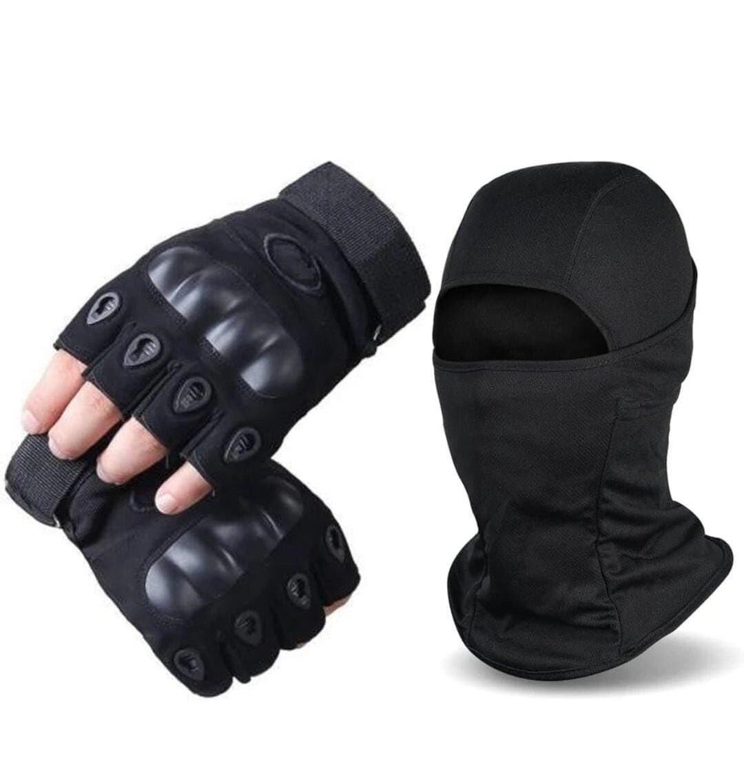 Biker Gloves Half Finger with Balaclava Face Head Cover, Black, Protective Knuckle Guards