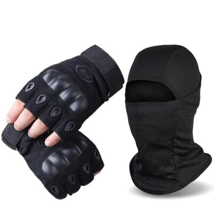 Biker Gloves Half Finger with Balaclava Face Head Cover, Black, Protective Knuckle Guards
