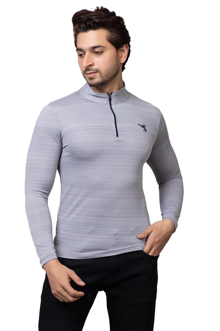 HTLT Fashion Polyester Full Sleeve High Turtle Neck Sports T Shirt for Men - Quick Dry Fit Gym Workout Top for Running, Training, Cycling, Football, Badminton, (Grey-Medium)