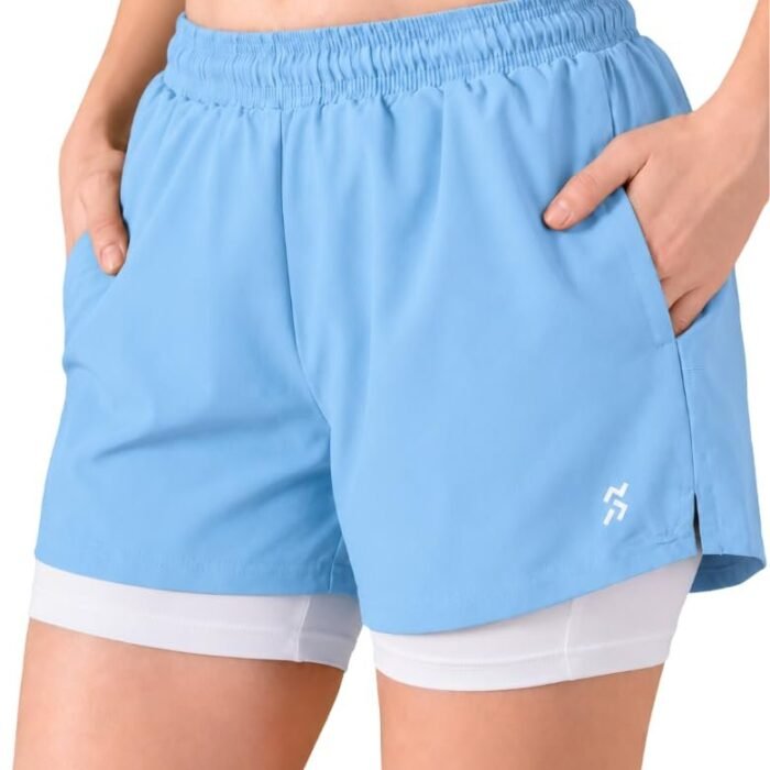 Women’s Athletic Shorts 2-in-1 | High-Performance Gym Running Shorts with Inner Compression | Breathable & Quick Dry | SkyBlue (in, Alpha, Regular)