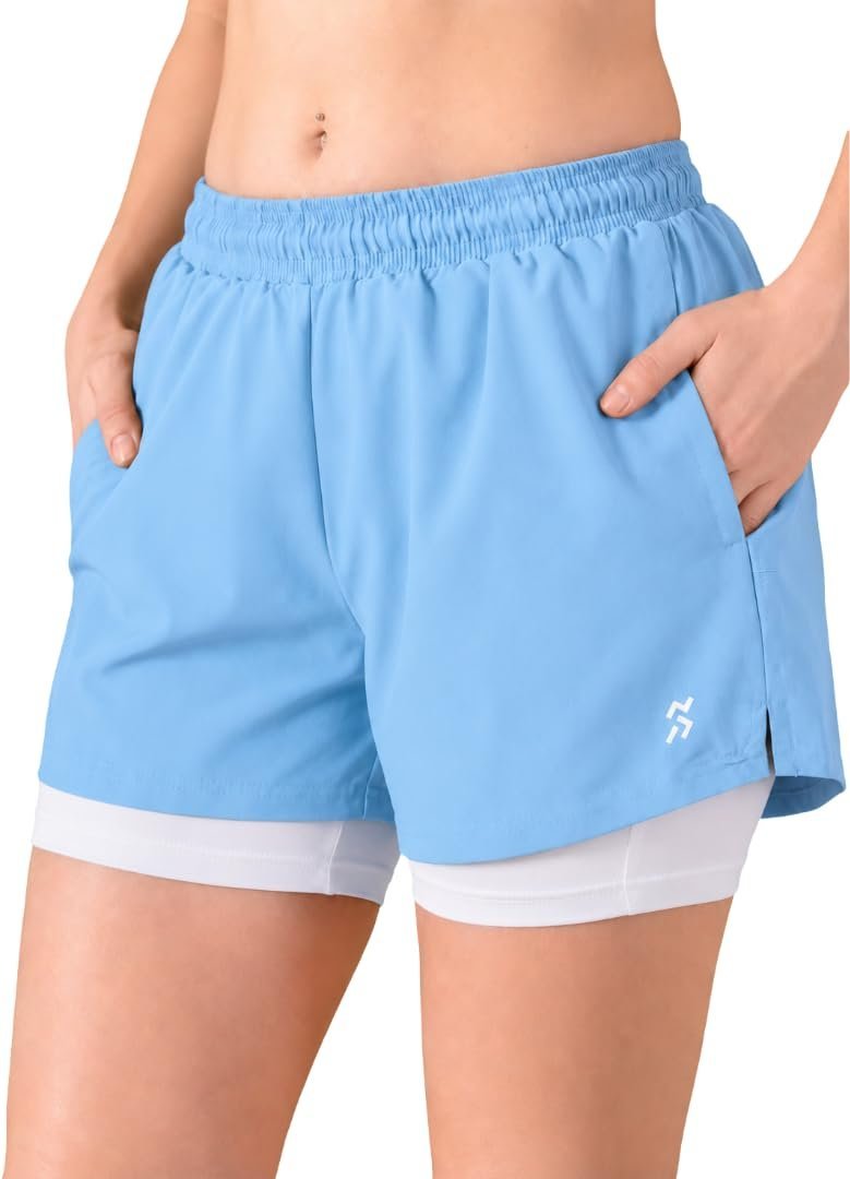 Women’s Athletic Shorts 2-in-1 | High-Performance Gym Running Shorts with Inner Compression | Breathable & Quick Dry | SkyBlue (in, Alpha, Regular)