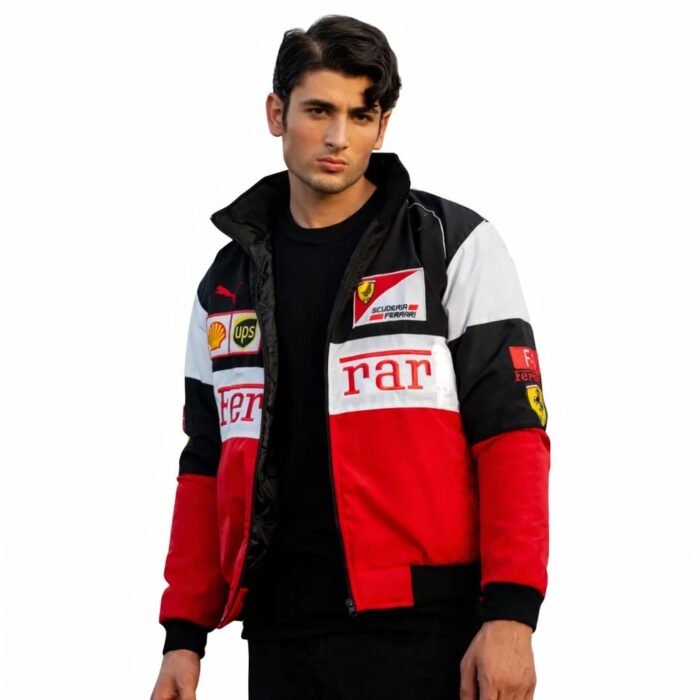 ZYNEX Red& White F1 Speed Printed Jacket | Motorsport & Streetwear Fusion | Racing Jacket with Patches, Full Zip Hooded Motorsport Style Outerwear RED (IN, Alpha, Regular)
