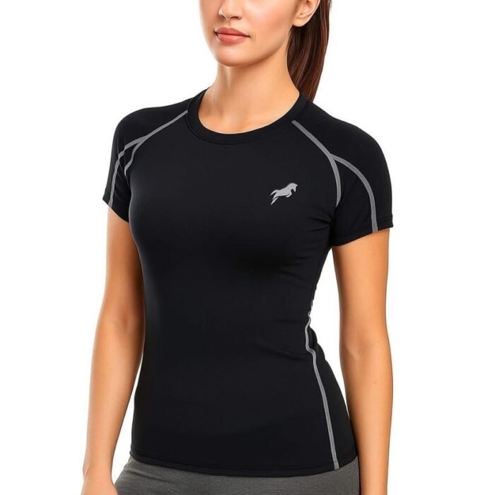 Women's Compression Fit Sports T-Shirt – Black Fitness Wear, Quick-Dry Activewear Top for Gym, Yoga & Running (in, Alpha, Regular, Grey & Black)