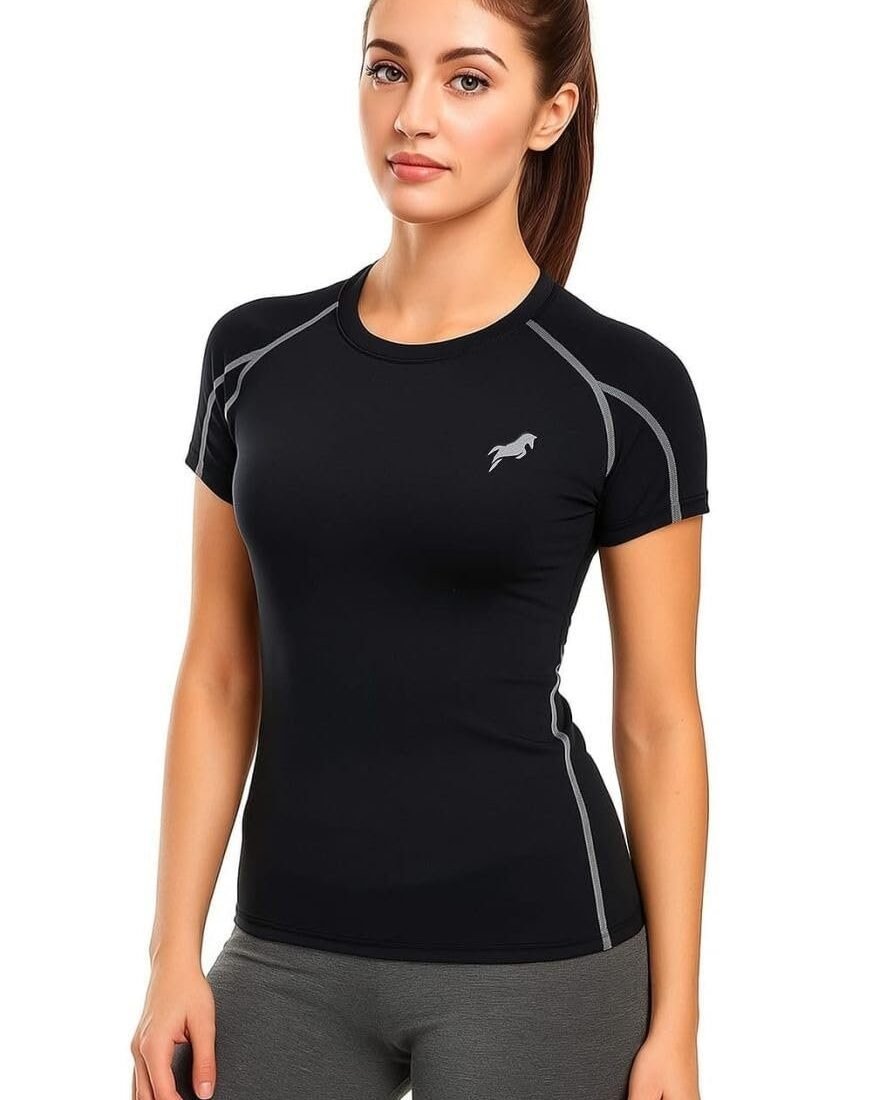 Women's Compression Fit Sports T-Shirt – Black Fitness Wear, Quick-Dry Activewear Top for Gym, Yoga & Running (in, Alpha, Regular, Grey & Black)