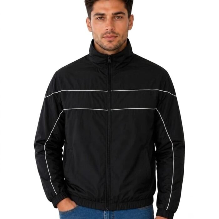 Men's Black Windbreaker Jacket with Contrast Piping, Full Zip