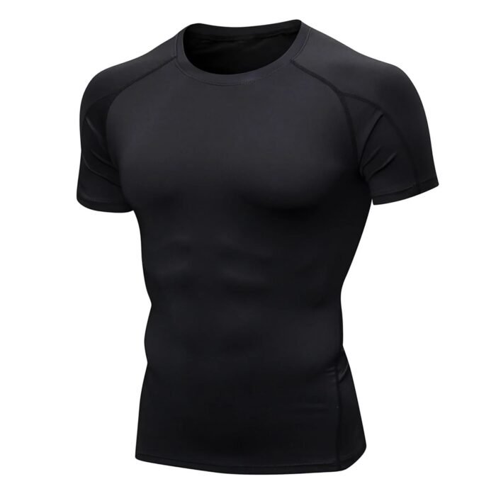 Gym Compression T-Shirt for Men | Half Sleeve Dry Fit Base Layer | Skin Fit Athletic Training Top | Breathable Stretch Workout Tee | Black