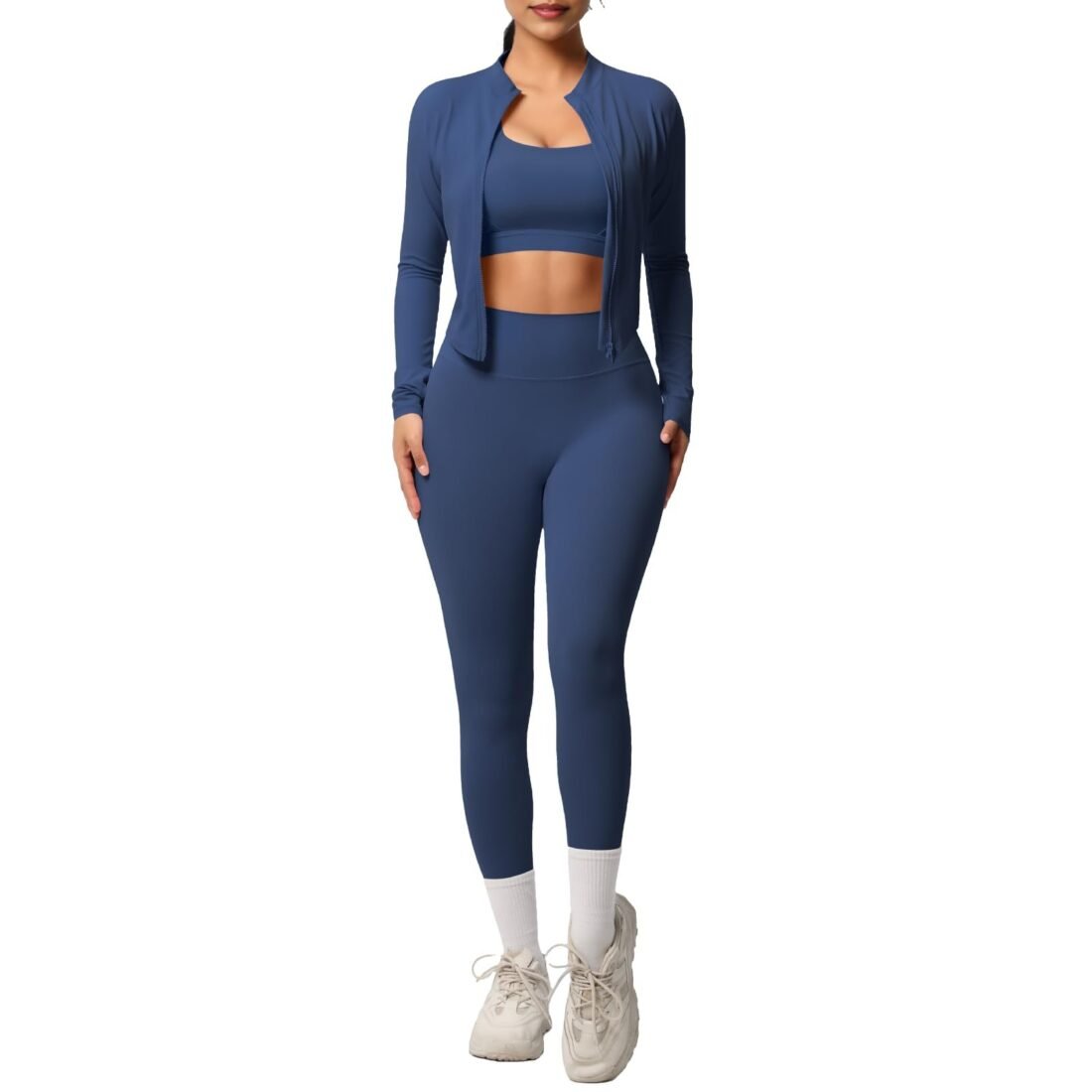 3 Piece Women’s Workout Set – Zip-Up Jacket, Sports Bra & High-Waist Leggings – Stretchy Breathable Yoga Outfit, Navy Blue, Large