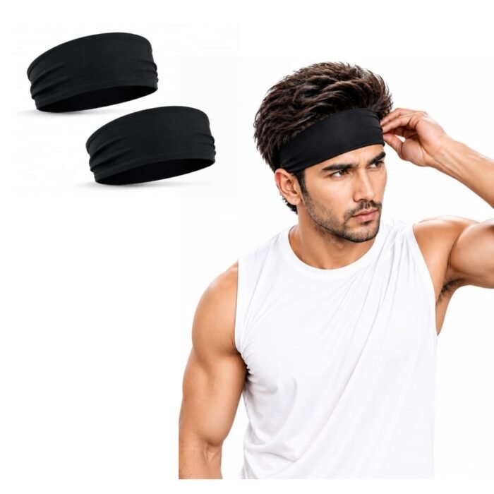 Sports Headband for Men & Women | Sweatband for Running, Gym, Cycling, Yoga & Tennis | Stretchable Lightweight Athletic Head Band | Head Bands for Long Hair -Black, Pack of 2