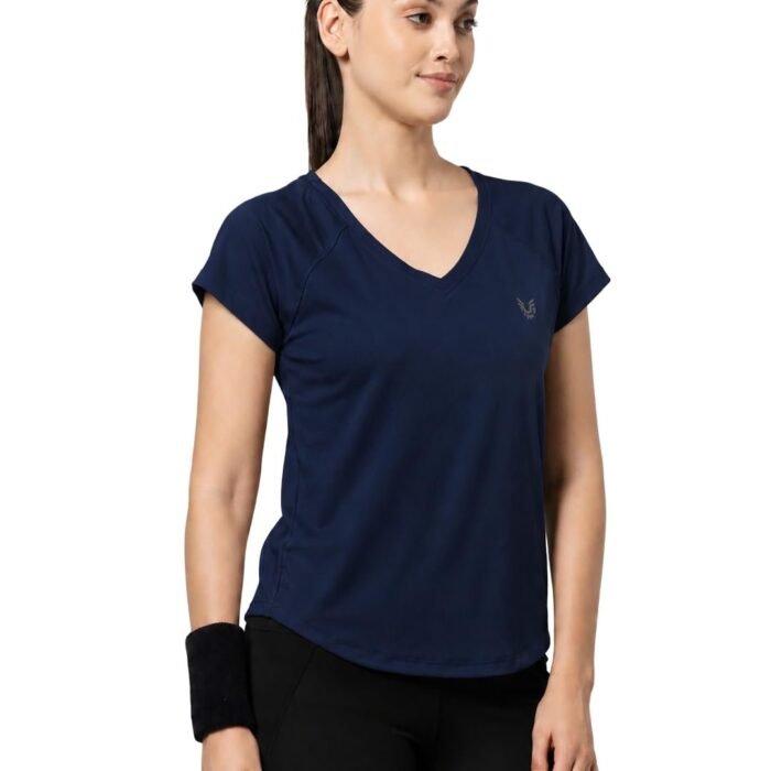 Women's V-Neck Regular Fit Gym T-Shirt Soft, Lightweight & Quick-Dry Fabric Activewear Top for Workout, Yoga, Running, Exercise, Casual (in, Alpha, Regular, Navy)