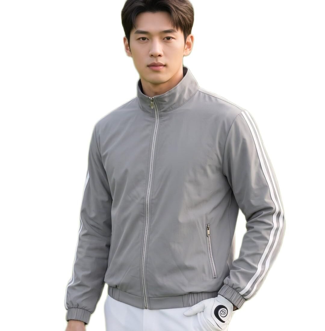 Men's Gray Athletic Zip-Up Jacket Triple White Sleeve Stripes