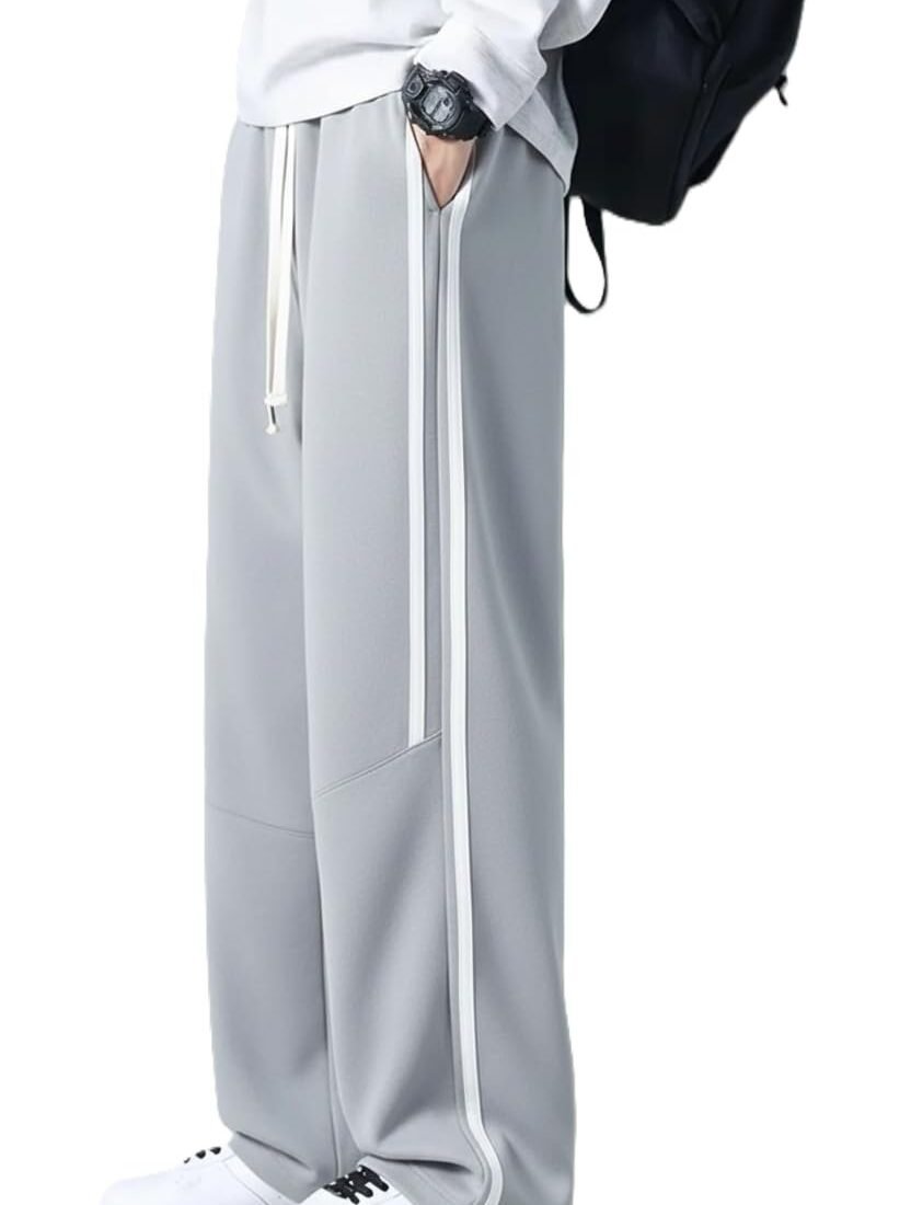 Men's Wide Leg Track Pants with Side Stripe | Loose Fit Streetwear Sweatpants | Elastic Waist Casual Sports Trousers for Gym, Travel (in, Alpha, Regular, Grey)