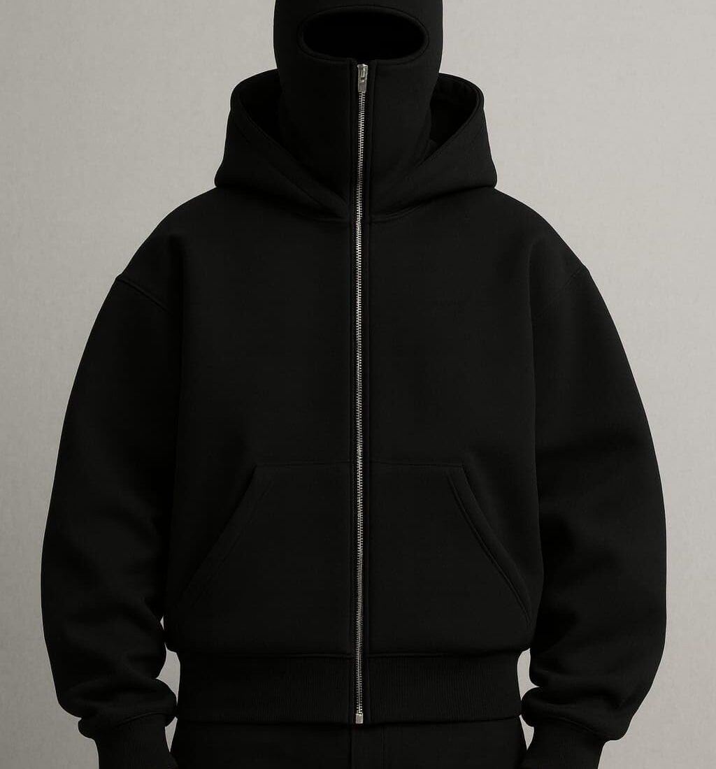 Balaclava Hoodie – Unisex Black Full Zip Sweatshirt with Built-in Face Cover, Warm Winter Jacket for Men & Women, Casual Travel Streetwear