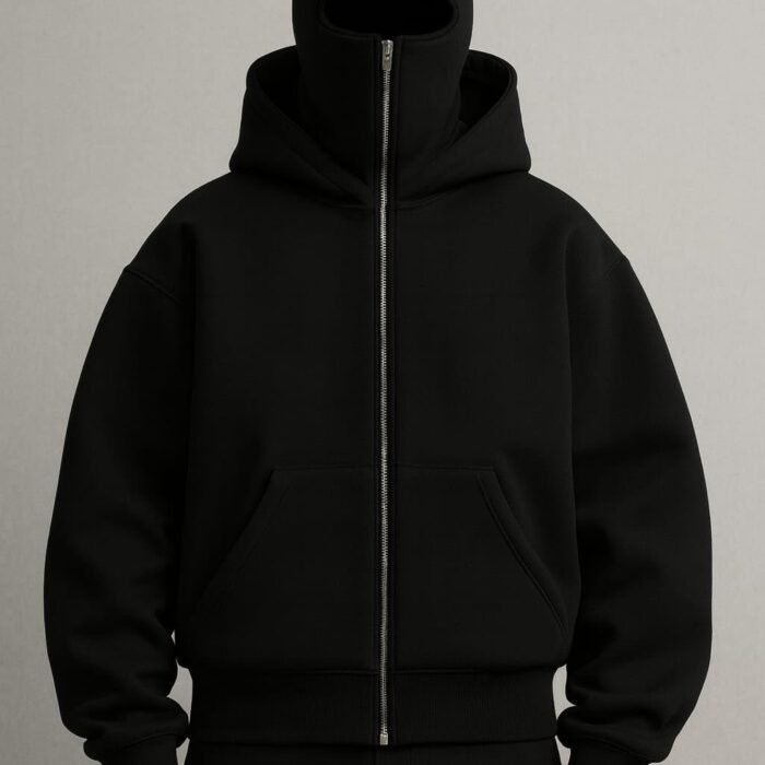 Balaclava Hoodie – Unisex Black Full Zip Sweatshirt with Built-in Face Cover, Warm Winter Jacket for Men & Women, Casual Travel Streetwear