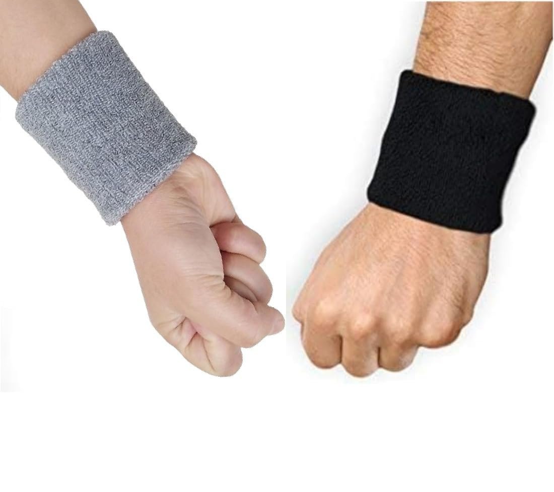 Cotton Wristband for Men & Women (Pair of 2) – Thick Sweat Absorbent Sports Wrist Sweatband for Gym, Cricket, Badminton, Tennis, Running, Cycling, Football, Pickleball Made in India, 3 Inch Greyblack