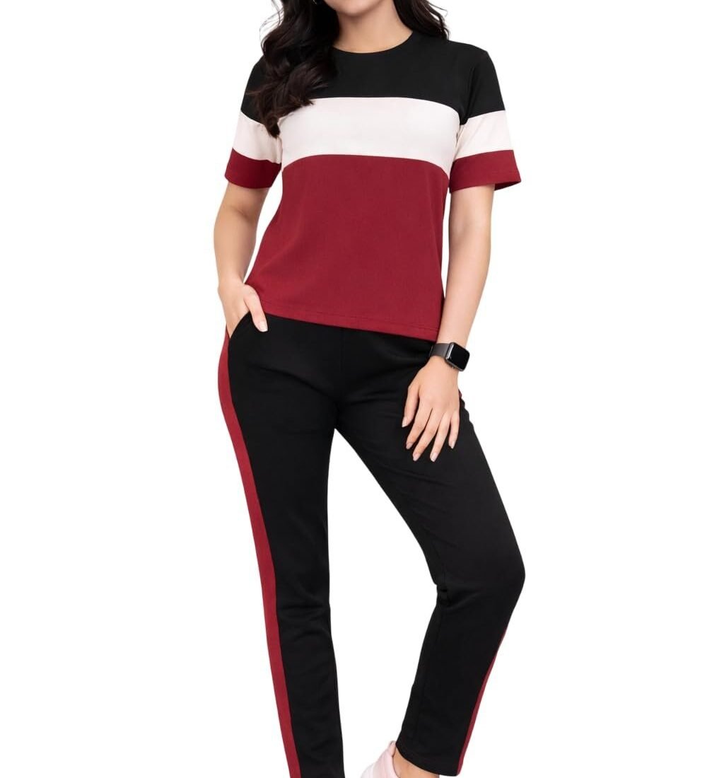 Women's Co-Ord Set | Half Sleeve Round Neck T-Shirt with Matching Track Pants | Stylish Casual Lounge Wear, Travel Wear, Gym Wear & Daily Wear Outfit for Women (MAROON)