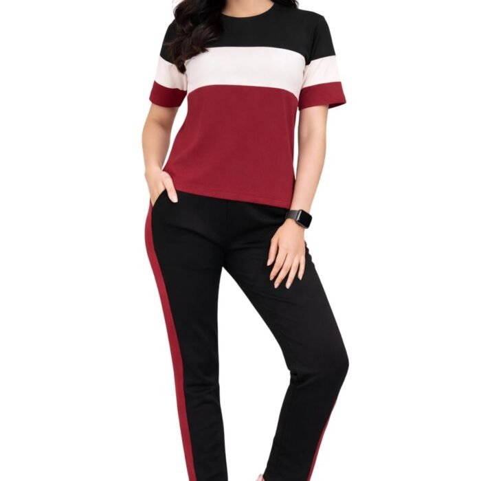 Women's Co-Ord Set | Half Sleeve Round Neck T-Shirt with Matching Track Pants | Stylish Casual Lounge Wear, Travel Wear, Gym Wear & Daily Wear Outfit for Women (MAROON)