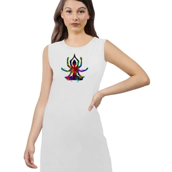 Women's Regular Fit Knee Length Sleeveless Yoga Pose Cotton Graphic Printed Round Neck Yoga, Exercise, Fitness, Gym Pootlu Yoga Tops and Tshirts.(Pooplu_White_X-Large)