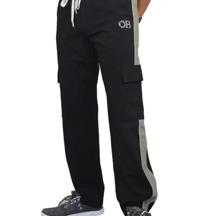 Men's Side-Stripe Cargo Track Pants | Elastic Waist Activewear with Drawstring & Flap Pockets | Relaxed Streetwear Joggers | Sizes L-2XL (in, Alpha, Regular, Black)