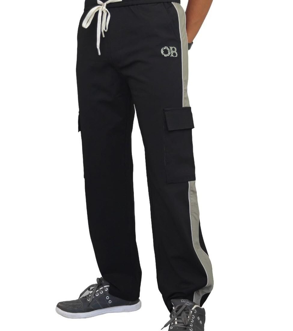 Men's Side-Stripe Cargo Track Pants | Elastic Waist Activewear with Drawstring & Flap Pockets | Relaxed Streetwear Joggers | Sizes L-2XL (in, Alpha, Regular, Black)