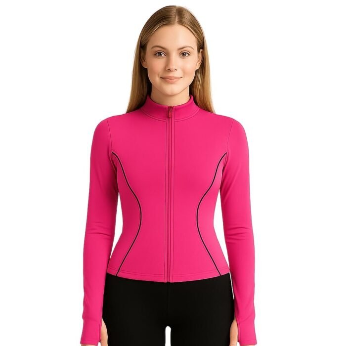 Women's Sports Full-Zip Jacket with Thumbhole Sleeves, Activewear for Gym, Yoga, Sports, Running, Workout (IN, Alpha, Regular, Pink)