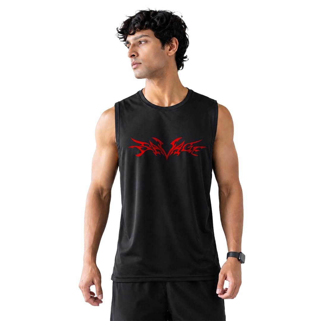 Savage Men's Black Sleeveless Gym Vest with Tribal Graphic Print