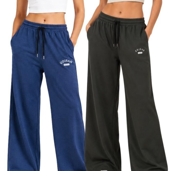 Women’s Cotton Wide-Leg Track Pants – High-Waisted Palazzo Lounge Joggers with Drawstring & Pockets | Woman Trouser Combo (Pack of 2)
