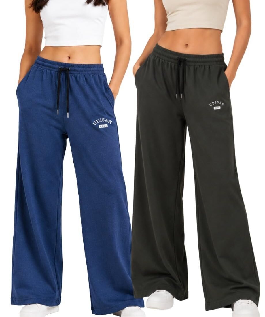 Women’s Cotton Wide-Leg Track Pants – High-Waisted Palazzo Lounge Joggers with Drawstring & Pockets | Woman Trouser Combo (Pack of 2)