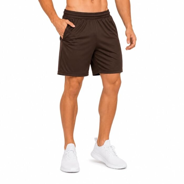 Lycra Blend Quick Dry Shorts for Men | Lightweight Gym, Running, Mens Sports Shorts | Elasticated Waist Athletic Shorts for Men with Zipper Pockets Brown
