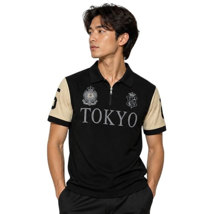 Men's Tokyo Graphic Polo T-Shirt, Red, Short Sleeve, Zip Collar, Crest Emblem (in, Alpha, Black)