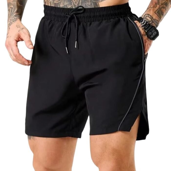 Men's Quick Dry Sports Shorts with Side Pockets, Lightweight Running Gym Workout Shorts, Breathable Athletic Activewear, Black White Line