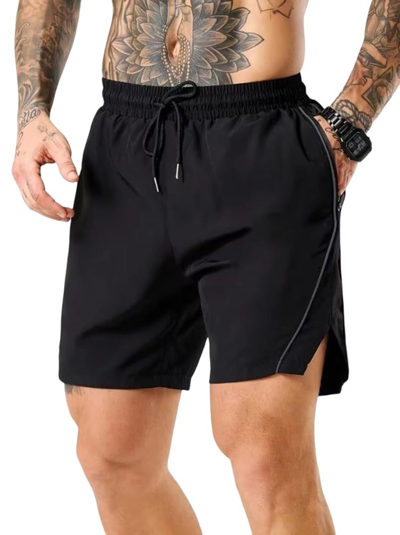 Men's Quick Dry Sports Shorts with Side Pockets, Lightweight Running Gym Workout Shorts, Breathable Athletic Activewear, Black White Line
