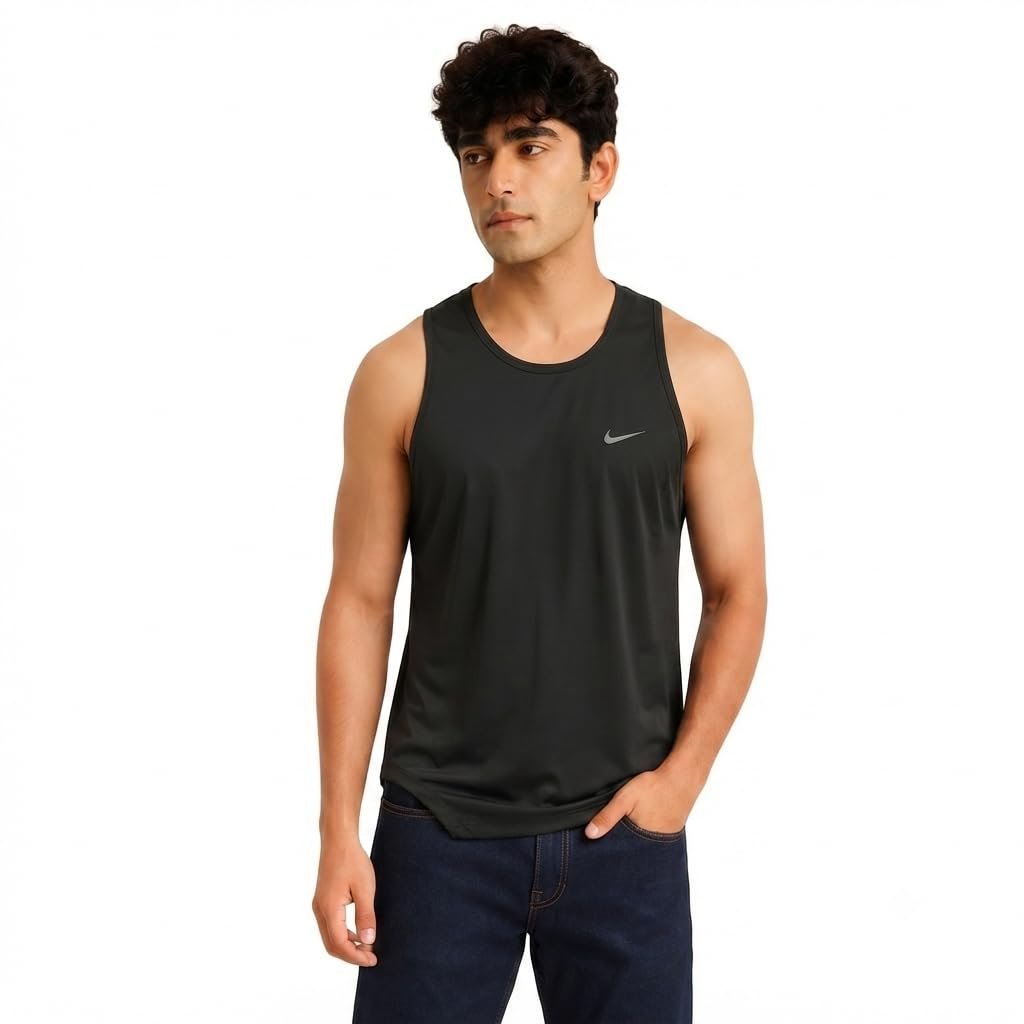 Men's Polyester Sports Gym Vest, Running Sleek Tank Top for Workout, Athletic Training, and Fitness (Black)