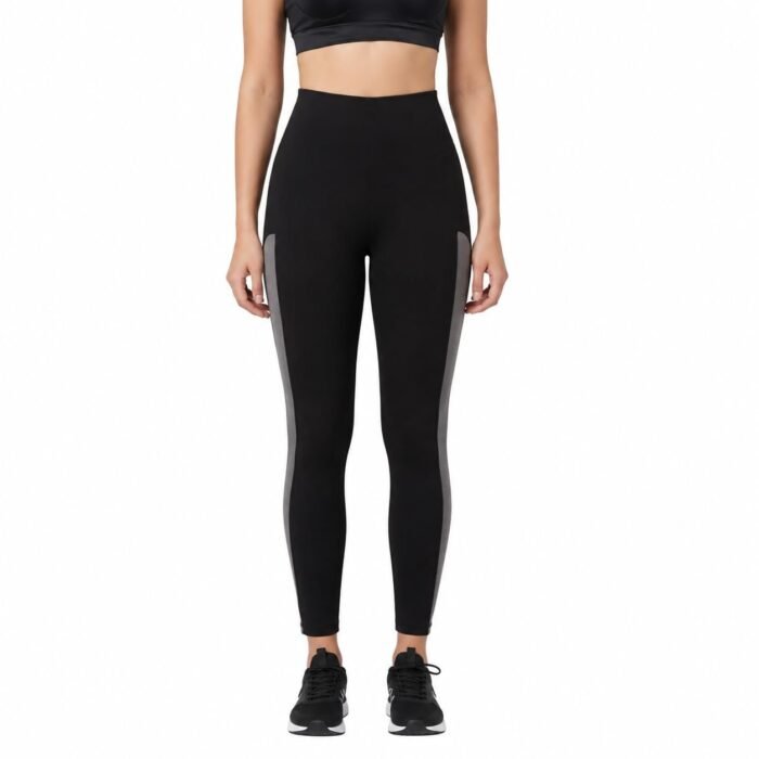 Women's High-Waist Sports Leggings, Black with Grey Side Panel