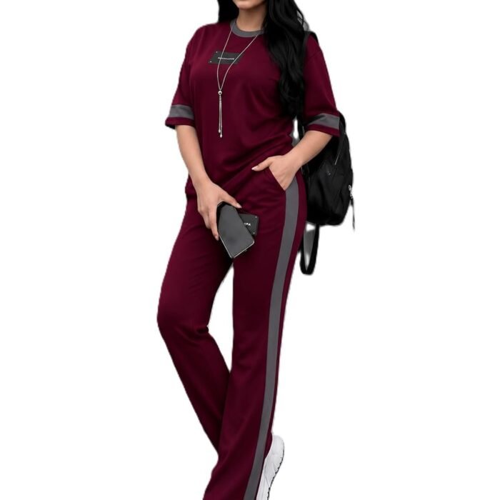 Tracksuit for Women | Casual Brown Loungewear 2 Piece Set | Short Sleeve T Shirt and Wide Leg Pants with Side Stripes | Sports Jogging Co ord Matching Sweatsuit(40-N-3-BURGUNDY)