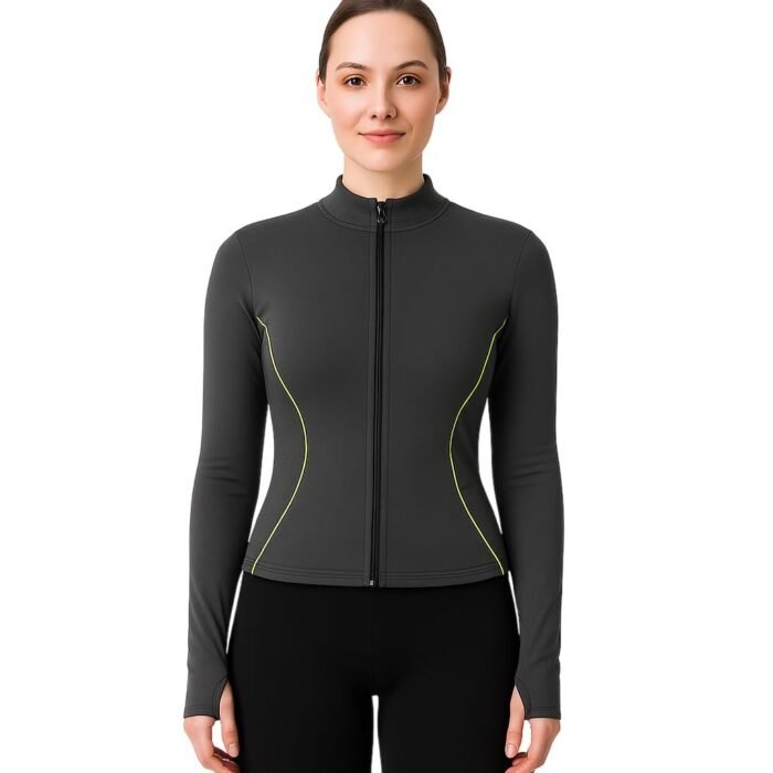 Women's Sports Full-Zip Jacket with Thumbhole Sleeves, Activewear for Gym, Yoga, Sports, Running, Workout (IN, Alpha, Regular, Grey)