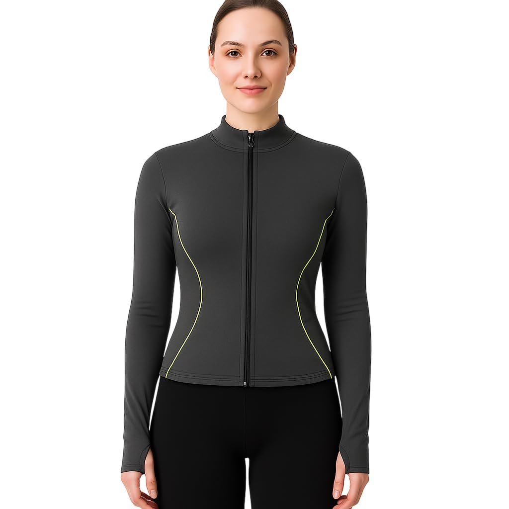 Women's Sports Full-Zip Jacket with Thumbhole Sleeves, Activewear for Gym, Yoga, Sports, Running, Workout (IN, Alpha, Regular, Grey)